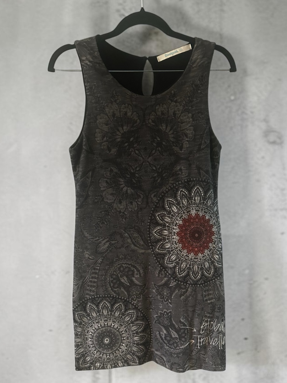 Desigual Mandala Floral Sleeveless Mini Dress Medium Gray Global Traveller 72V2E